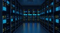 Blue Lit Server Room Hosting Cloud Data with Rows of Network Servers Illuminated in Dark Environment for Technology Royalty Free Stock Photo