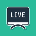 Blue Live report icon isolated on green background. Live news, hot news. Vector