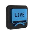 Blue Live report icon isolated on transparent background. Live news, hot news. Black square button.