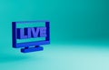 Blue Live streaming online videogame play icon isolated on blue background. Minimalism concept. 3D render illustration