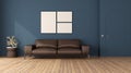 Blue living room with leather sofa and frameless door