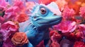 Blue lizard creature surrounded by beautiful floral.