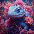 Blue lizard creature surrounded by beautiful floral.