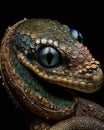 A blue lizard with a green and blue pattern is displayed on a black background. Royalty Free Stock Photo