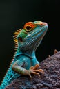 Blue lizard with orange eyes sits on rock. Generative AI Royalty Free Stock Photo