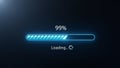 Blue loading bar at 99 percent on dark background with progress indicator Royalty Free Stock Photo