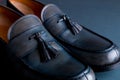 Blue loafer shoes on blue background. One pair. Close up.