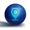 Blue Location bitcoin icon isolated on white background. Physical bit coin. Blockchain based secure crypto currency