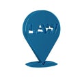 Blue Location law icon isolated on transparent background.
