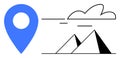 Blue location marker alongside pyramids and minimal cloud design in a linear abstract style Royalty Free Stock Photo