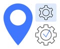 Blue Location Pin with Gear Icons Representing Settings, Preferences, and Geolocation Services Royalty Free Stock Photo