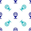 Blue Location peace icon isolated seamless pattern on white background. Hippie symbol of peace. Vector