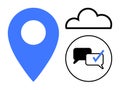 Location Pin, Cloud, and Communication Bubble with Checkmark Representing Connectivity and Validation Royalty Free Stock Photo