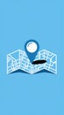 Blue location pin on folded map, simplified city layout, solid blue background, locational theme Royalty Free Stock Photo