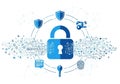 A blue lock is at the center, symbolizing security and data protection. Surrounding it are binary Royalty Free Stock Photo