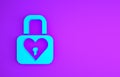 Blue Lock and heart icon isolated on purple background. Locked Heart. Love symbol and keyhole sign. Valentines day Royalty Free Stock Photo