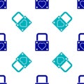 Blue Lock and heart icon isolated seamless pattern on white background. Locked Heart. Love symbol and keyhole sign Royalty Free Stock Photo