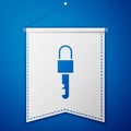 Blue Locked key icon isolated on blue background. White pennant template. Vector Illustration