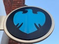 Blue logo of Barclays in front of the Bank in Rugby