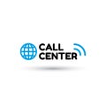 Blue logo Call Center. Globe, inscription, sound waves. Support icon