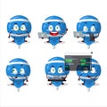Blue lolipop wrapped Programmer cute cartoon character with