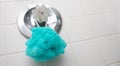 A blue loofah sponge hanging in a wet shower on the temperature guage