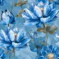Blue lotus flowers on a blue watercolor background. Seamless pattern. Template design for textiles, interior, wallpaper.
