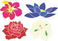 Blue Lotus, White Orchid, Red Rose and pink hibiscus vector