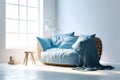 Blue loveseat sofa against of large grid window. Minimalist interior design of modern living room. Created with generative AI