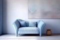 Blue loveseat sofa and big poster on the wall. Interior design of modern living room. Created with generative AI