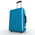 Blue luggage stands on the floor