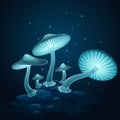 Blue luminous mushrooms on a hummock, in the dark, blue lights fly around Royalty Free Stock Photo