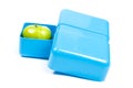 Blue lunchbox with a green apple