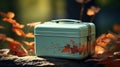 A blue lunchbox sitting on top of a rock, AI Royalty Free Stock Photo