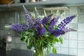 Blue lupines bouquet in vase in kitchen.