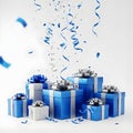 Blue luxury celebration with falling confetti and gift boxes Royalty Free Stock Photo