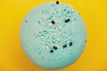 Blue macaron with coconut shavings and chocolate on yellow backgroundn Royalty Free Stock Photo