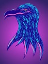 Blue and magenta vector eagle head with feather. Hand painted animal background, patriot symbol, logo