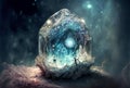 Blue magic crystal, glowing sparkling. Fantasy illustration, mystic background