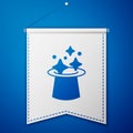 Blue Magic hat icon isolated on blue background. Magic trick. Mystery entertainment concept. White pennant template Royalty Free Stock Photo