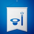 Blue Magic hat and wand icon isolated on blue background. Magic trick. Mystery entertainment concept. White pennant Royalty Free Stock Photo