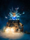 Blue magic potion with sparkles and smoke on wooden box. Dark magic concept Royalty Free Stock Photo