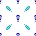 Blue Magic sword in fire icon isolated seamless pattern on white background. Fiery sword. Magic weapon of knight