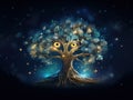 Blue magic tree with yellow eyes, on dark background with golden sparkles. Powerful spirit of nature watching. Generative AI