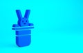 Blue Magician hat and rabbit icon isolated on blue background. Magic trick. Mystery entertainment concept. Minimalism
