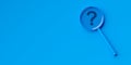 Blue magnifier or magnifying glass with question mark on blue background, search, question answer, problem or business solution