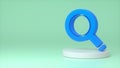 Blue magnifier sign on a white podium on a blue background. Magnifying glass. The concept of search, information, business, search