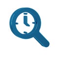 Blue Magnifying glass with clock icon isolated on transparent background. Clock search.