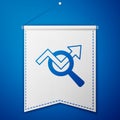 Blue Magnifying glass and data analysis icon isolated on blue background. Search sign. White pennant template. Vector Royalty Free Stock Photo