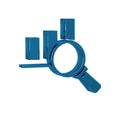 Blue Magnifying glass and data analysis icon isolated on transparent background.